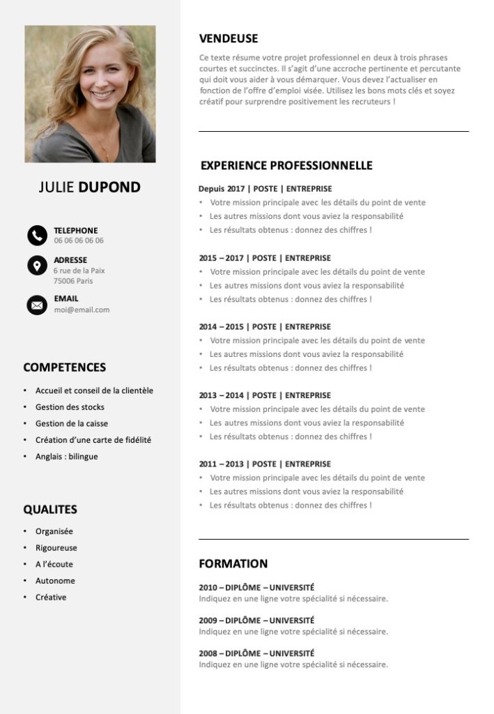 presentation cv vendeuse